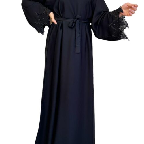 Black Abaya With Wavy Sleeves And Belt And Scarf