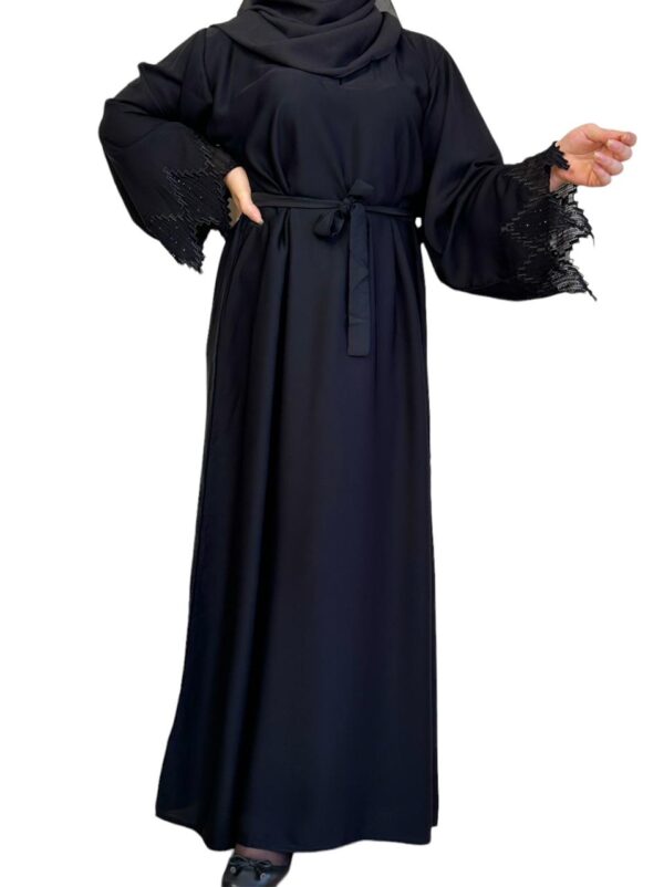 Black Abaya With Wavy Sleeves And Belt And Scarf