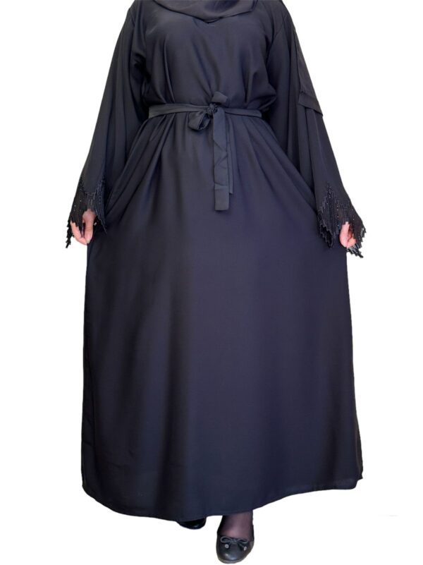 Black Abaya With Wavy Sleeves And Belt And Scarf