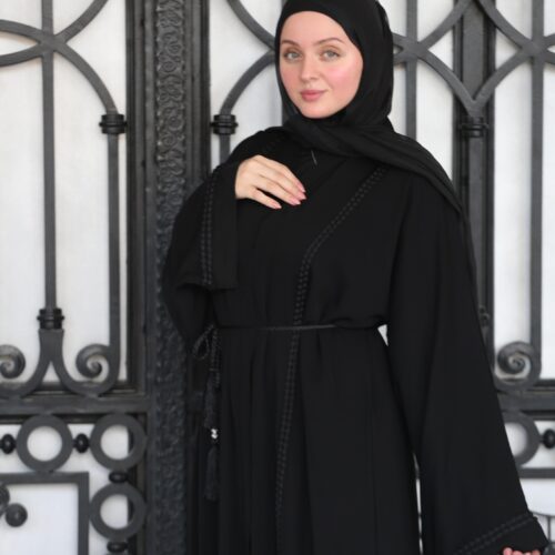 Black Closed Abaya With Littel Thread Circle Design With Belt And Scarf