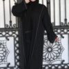 Black Abaya With 2 Side Light White Embroidery With Belt And Scarf