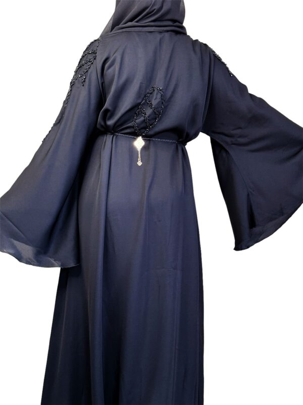 Black Double Closh Abaya With Wide Sleeves And Stones Embroidery On Shoulder With Belt And Scarf
