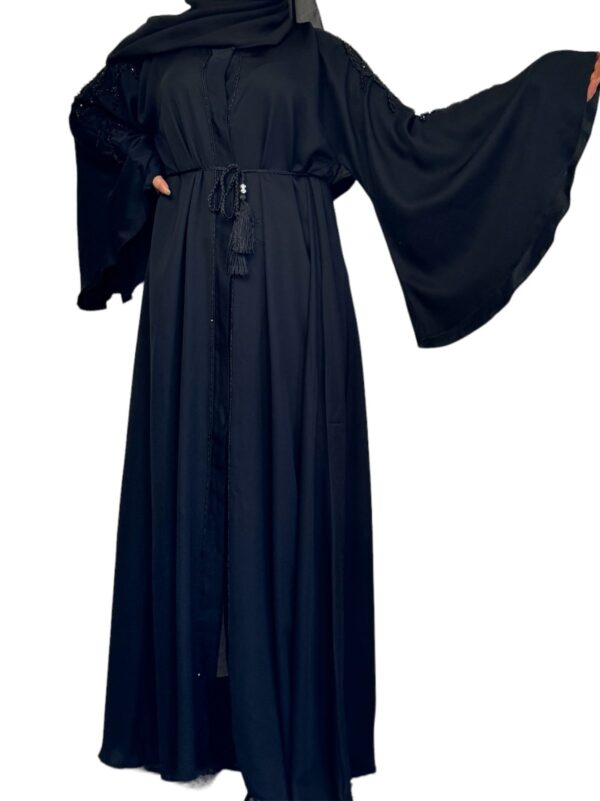Black Double Closh Abaya With Wide Sleeves And Stones Embroidery On Shoulder With Belt And Scarf