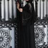 Black Double Closh Abaya With Golden Stone Embroidery On Shoulder With Belt And Scarf
