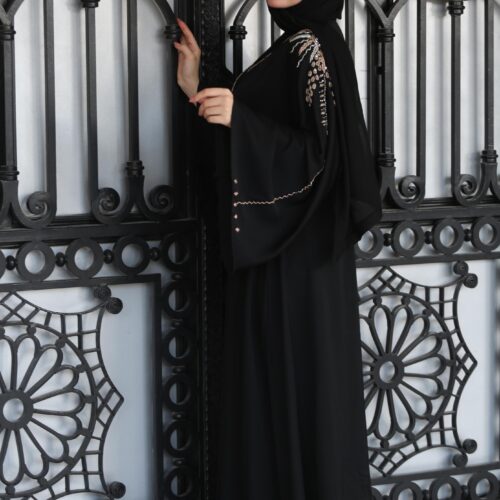 Black Double Closh Abaya With Golden Stone Embroidery On Shoulder With Belt And Scarf