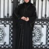 Black Double Closh Abaya With Golden Stone Embroidery On Shoulder With Belt And Scarf