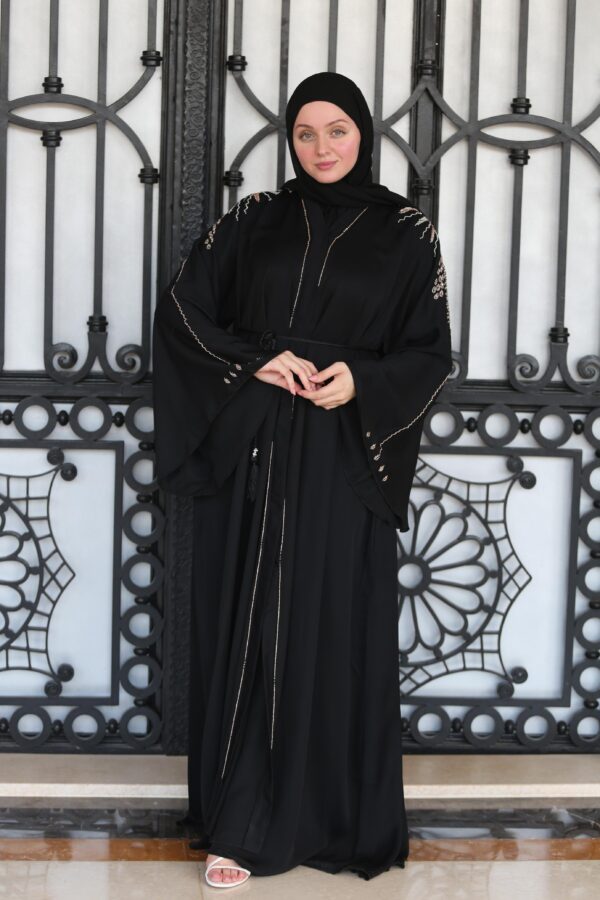 Black Double Closh Abaya With Golden Stone Embroidery On Shoulder With Belt And Scarf