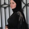 Black Double Closh Abaya With Golden Stone Embroidery On Shoulder With Belt And Scarf