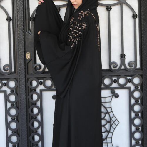 Black Double Closh Abaya With Brown And Black Embroidery Stone On The Shoulder With  Scarf And Belt