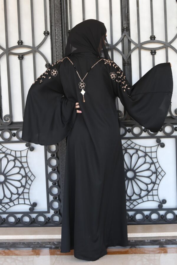 Black Double Closh Abaya With Brown And Black Embroidery Stone On The Shoulder With  Scarf And Belt