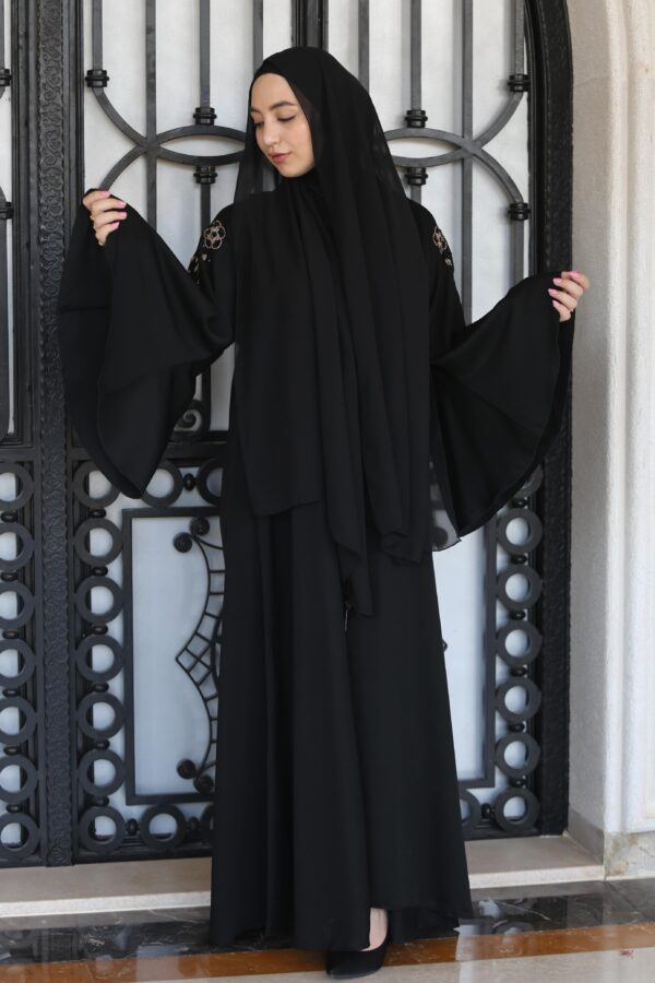 Black Double Closh Abaya With Brown And Black Embroidery Stone On The Shoulder With  Scarf And Belt