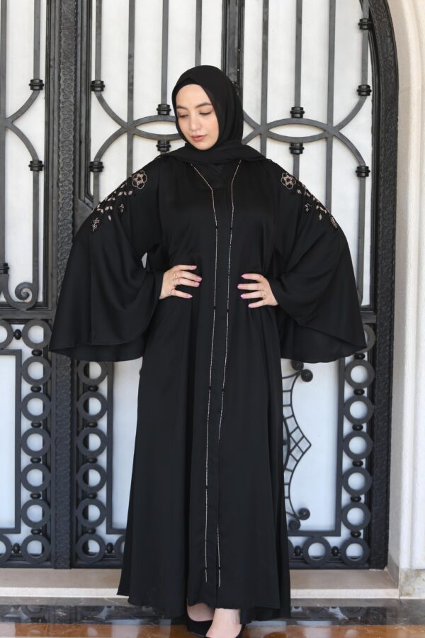 Black Double Closh Abaya With Brown And Black Embroidery Stone On The Shoulder With  Scarf And Belt