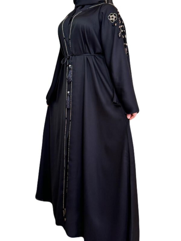 Black Double Closh Abaya With Brown And Black Embroidery Stone On The Shoulder With  Scarf And Belt