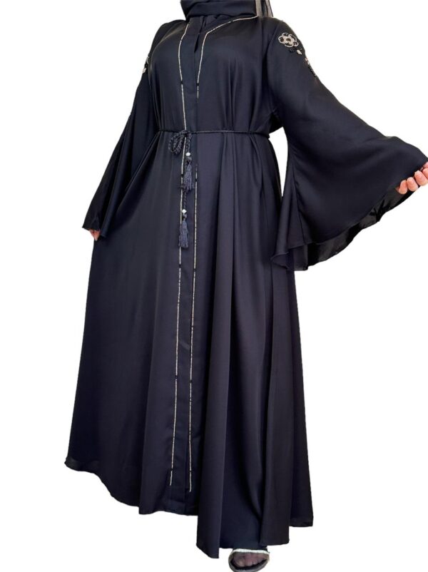 Black Double Closh Abaya With Brown And Black Embroidery Stone On The Shoulder With  Scarf And Belt