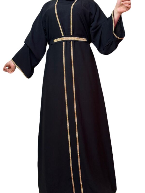 4 Piece Black Abaya With Golden Stone Design On Th Edges,Sleeves And Belt