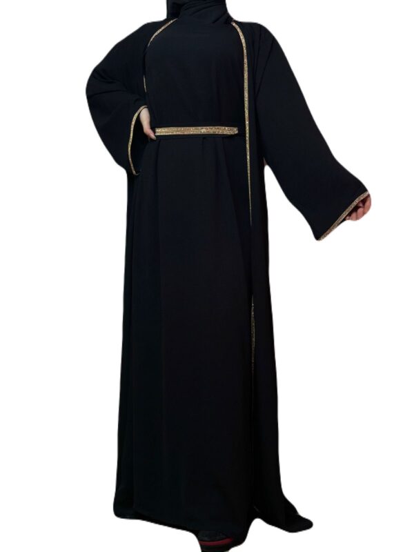 4 Piece Black Abaya With Golden Stone Design On Th Edges,Sleeves And Belt