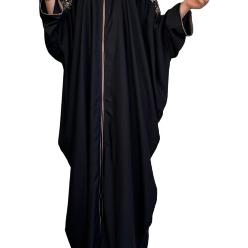Black Farasha Abaya With Colored Embroidery On Shoulder And Back With Scarf