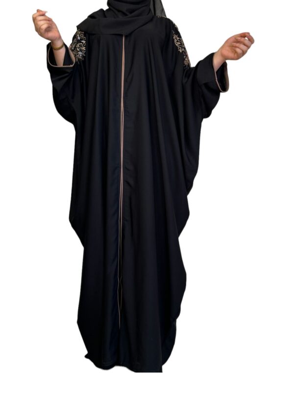 Black Farasha Abaya With Colored Embroidery On Shoulder And Back With Scarf
