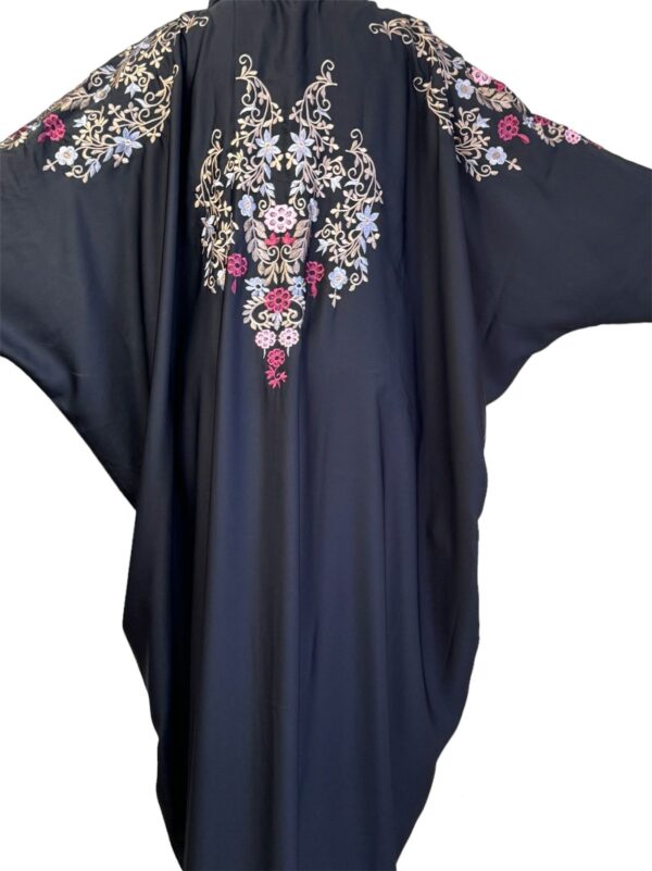 Black Farasha Abaya With Colored Embroidery On Shoulder And Back With Scarf