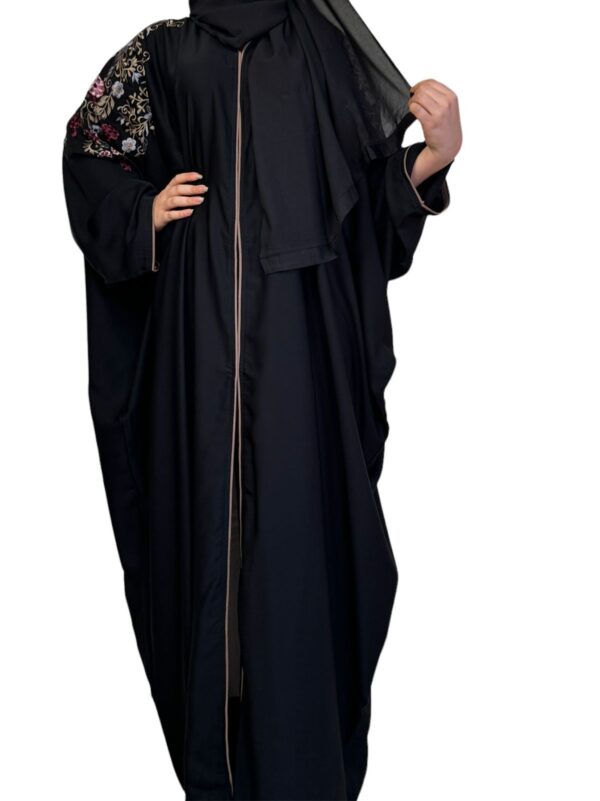 Black Farasha Abaya With Colored Embroidery On Shoulder And Back With Scarf