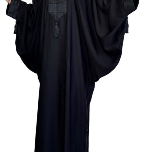 Black Farasha Abaya With Black Embroidery On Chest And Sleeves With Scarf