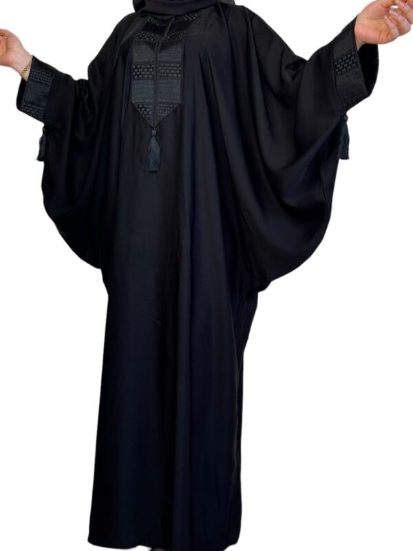 Black Farasha Abaya With Black Embroidery On Chest And Sleeves With Scarf