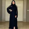 Black Abaya With Drop Shape Strass On The Shoulder And Full Back And Scarf