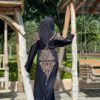Black Abaya With Drop Shape Strass On The Shoulder And Full Back And Scarf