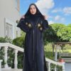 Black Abaya With Golden Palm Design On Chest And Stitched Hat And Belt