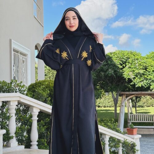 Black Abaya With Golden Palm Design On Chest And Stitched Hat And Belt