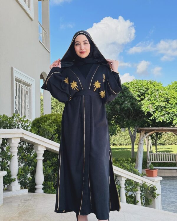 Black Abaya With Golden Palm Design On Chest And Stitched Hat And Belt