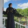 Black Abaya With Golden Palm Design On Chest And Stitched Hat And Belt
