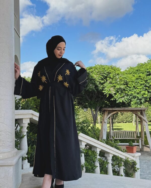 Black Abaya With Golden Palm Design On Chest And Stitched Hat And Belt