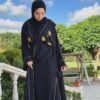 Black Abaya With Golden Palm Design On Chest And Stitched Hat And Belt