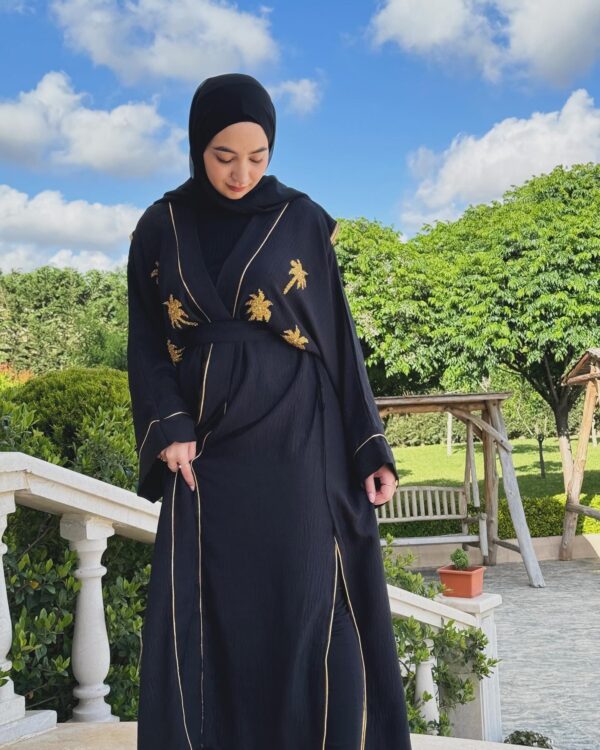 Black Abaya With Golden Palm Design On Chest And Stitched Hat And Belt
