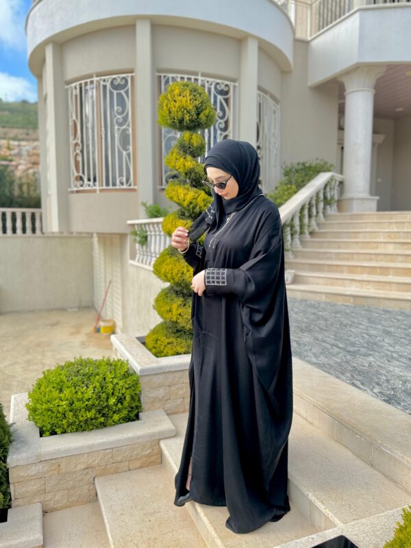 Open Silk Abaya With Silver Strass On The Sleeves And Back With Scarf
