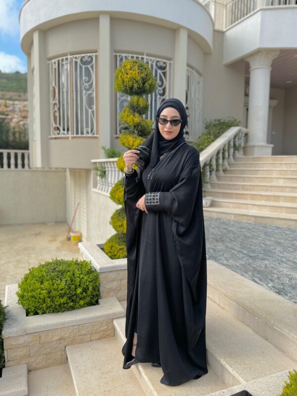 Open Silk Abaya With Silver Strass On The Sleeves And Back With Scarf