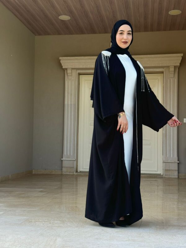 Open Black Abaya Wirh Stitshed Pearl Design On The Shoulder