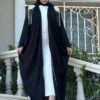 Open Black Abaya Wirh Stitshed Pearl Design On The Shoulder