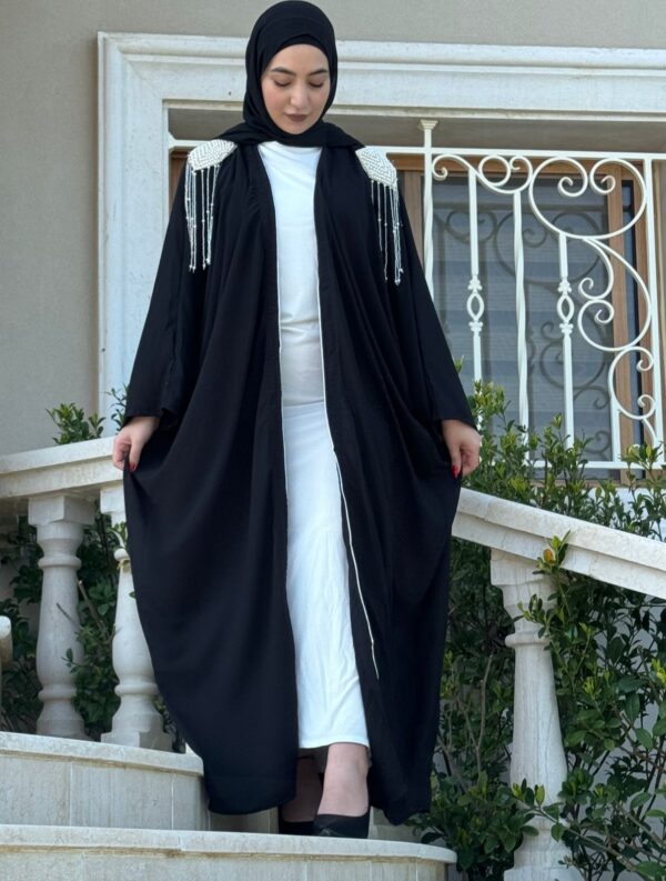Open Black Abaya Wirh Stitshed Pearl Design On The Shoulder