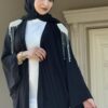 Open Black Abaya Wirh Stitshed Pearl Design On The Shoulder