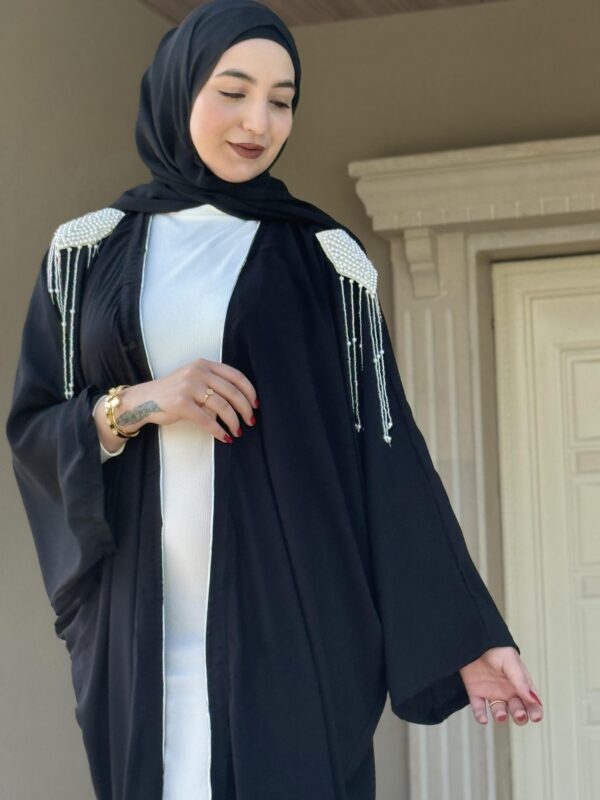 Open Black Abaya Wirh Stitshed Pearl Design On The Shoulder
