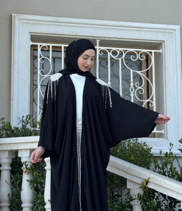 Open Black Abaya Wirh Stitshed Pearl Design On The Shoulder