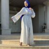 White Abaya With Blue Embroidery Design  On Sleeves And Belt