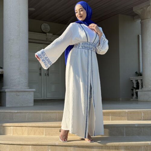 White Abaya With Blue Embroidery Design  On Sleeves And Belt