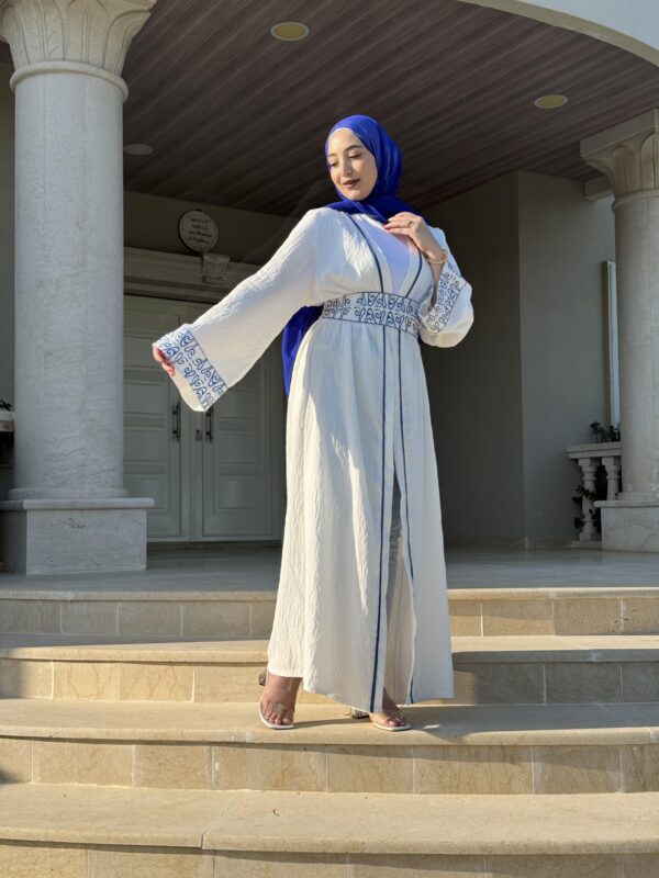 White Abaya With Blue Embroidery Design  On Sleeves And Belt