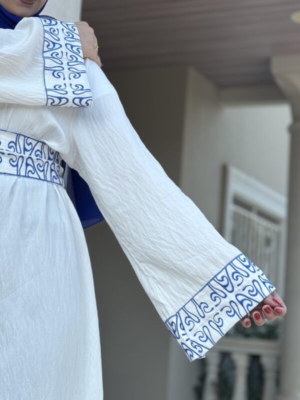White Abaya With Blue Embroidery Design  On Sleeves And Belt