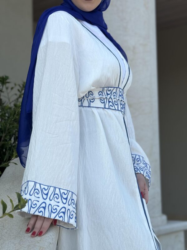 White Abaya With Blue Embroidery Design  On Sleeves And Belt