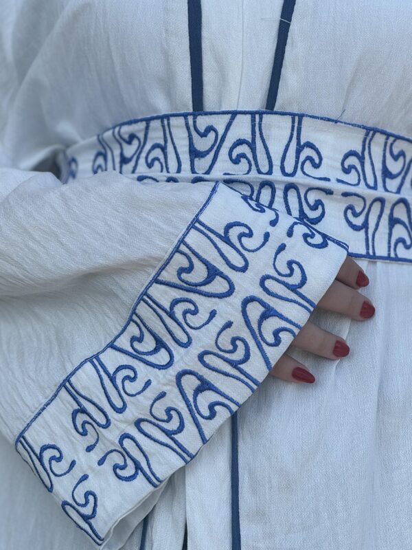 White Abaya With Blue Embroidery Design  On Sleeves And Belt