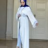 White Abaya With Blue Embroidery Design  On Sleeves And Belt